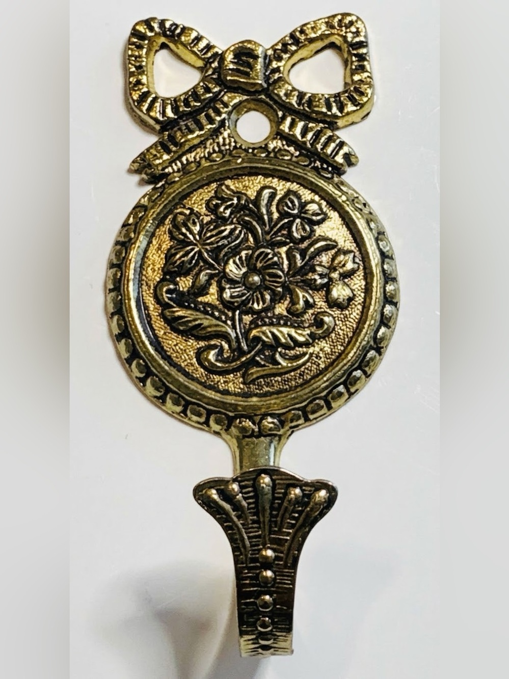 Vintage Brass Bow & Floral Medallion Wall Hook Curtain Tieback